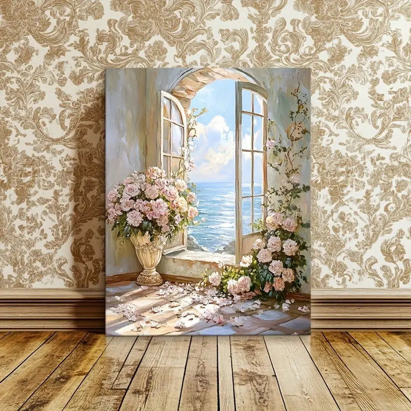Romantic Seaside Scene with Pink Roses and Ocean View