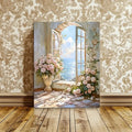 Romantic Seaside Scene with Pink Roses and Ocean View