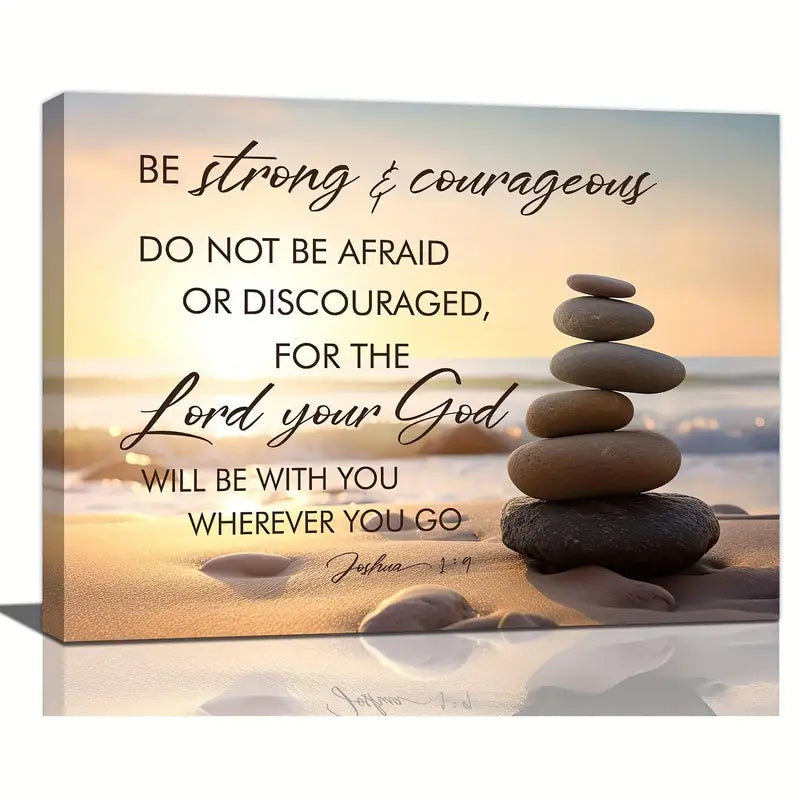 Zen Stones Sunrise Beach Scene - Joshua 1:9 Bible Verse Canvas Print