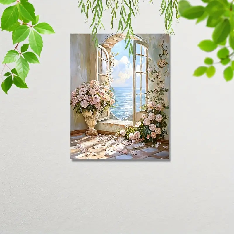 Romantic Seaside Scene with Pink Roses and Ocean View