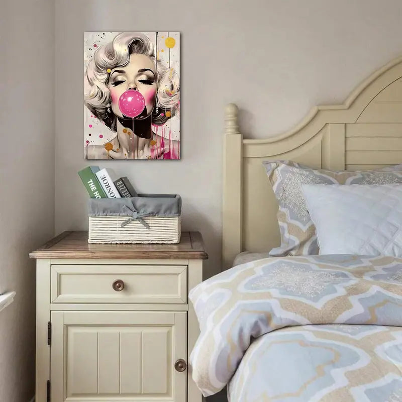 American Actress Bubble Gum Portrait, 11.8x15.7 inches Vibrant Pink &amp; Golden Splashes, Wooden Frame, Ideal for Living Room