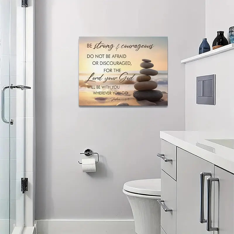 Zen Stones Sunrise Beach Scene - Joshua 1:9 Bible Verse Canvas Print