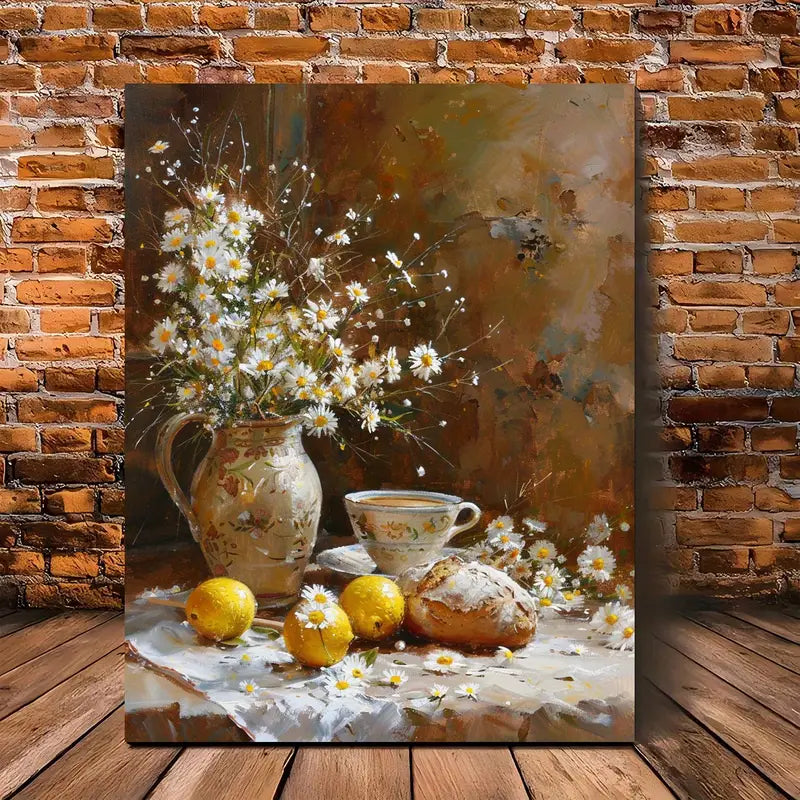 Vintage Daisy and Lemon Still Life Canvas Print with Wooden Frame - Rustic Wall Art