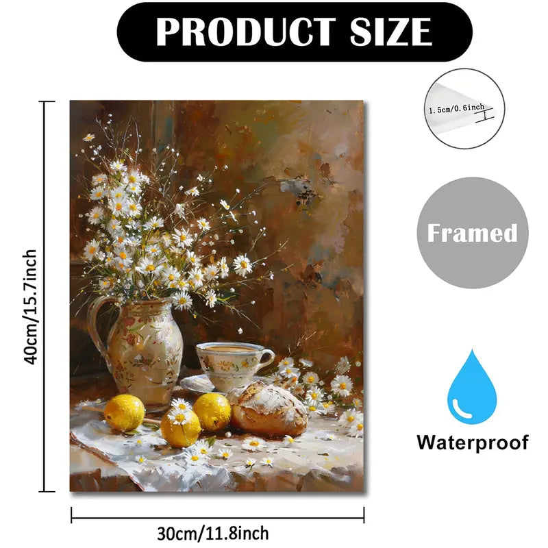 Vintage Daisy and Lemon Still Life Canvas Print with Wooden Frame - Rustic Wall Art