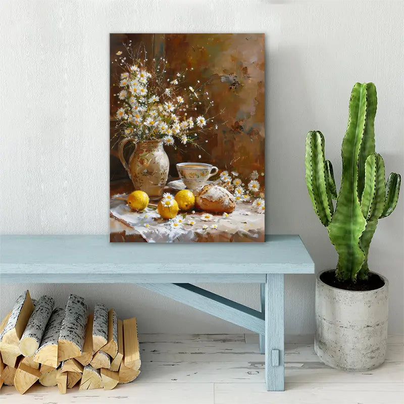 Vintage Daisy and Lemon Still Life Canvas Print with Wooden Frame - Rustic Wall Art