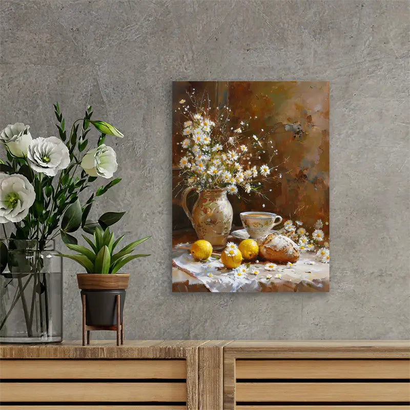 Vintage Daisy and Lemon Still Life Canvas Print with Wooden Frame - Rustic Wall Art