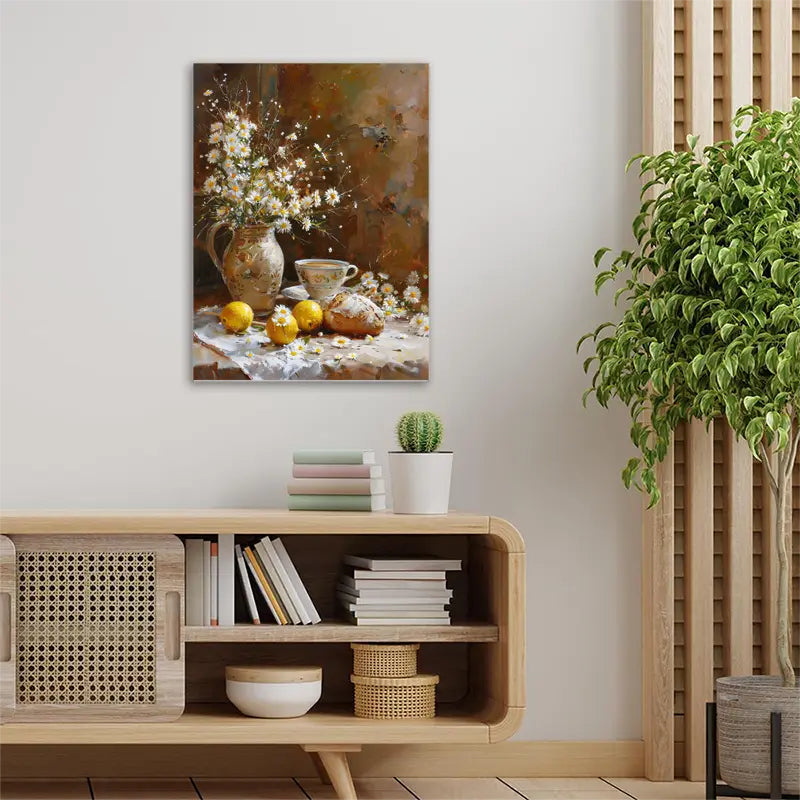 Vintage Daisy and Lemon Still Life Canvas Print with Wooden Frame - Rustic Wall Art