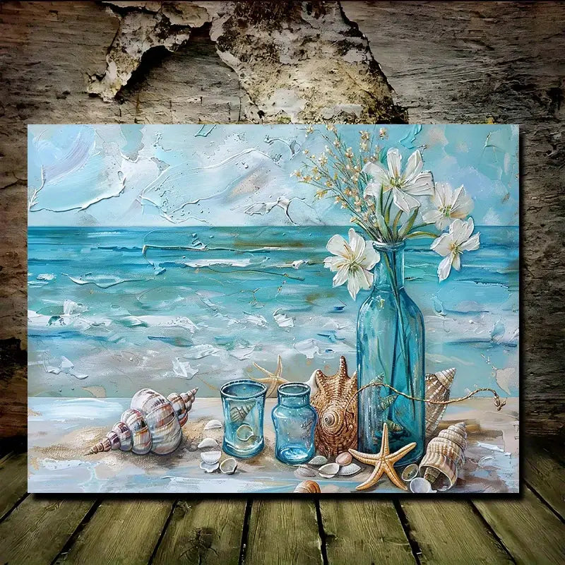 Waterproof Vibrant Coastal Scene with Starfish, Shells & White Flowers