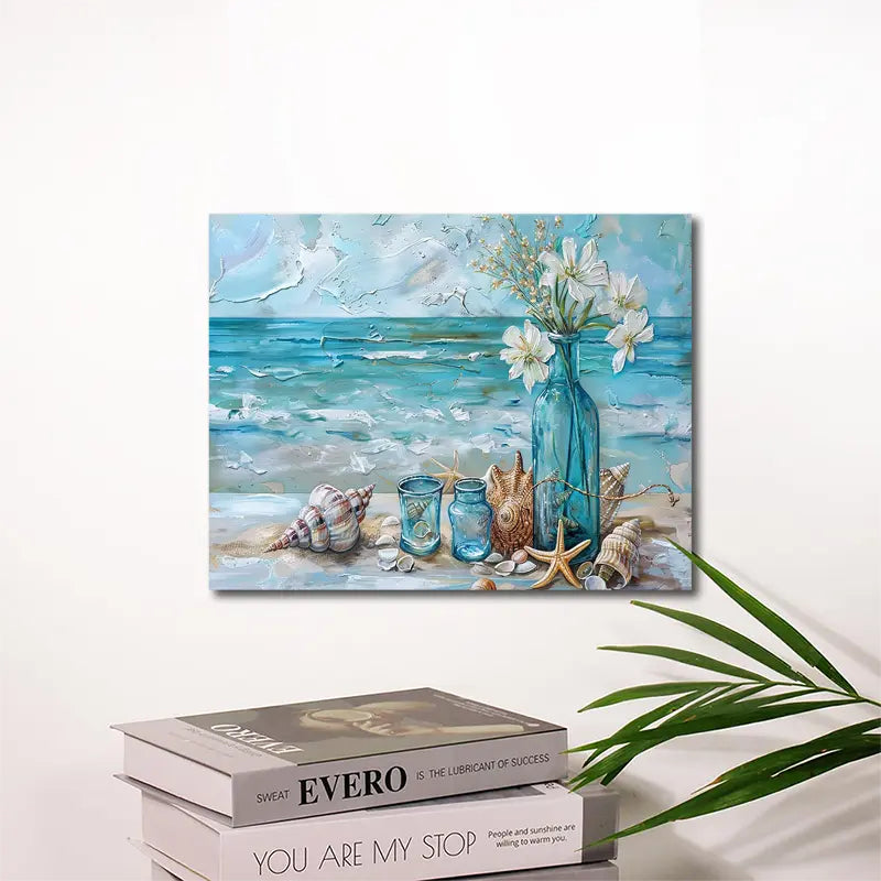 Waterproof Vibrant Coastal Scene with Starfish, Shells & White Flowers