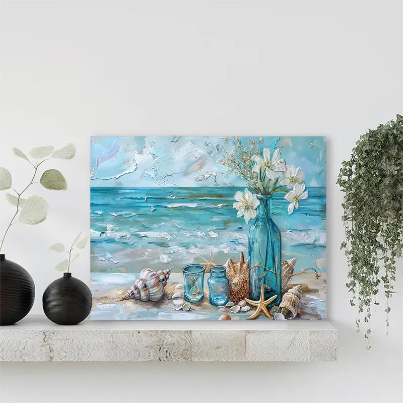 Waterproof Vibrant Coastal Scene with Starfish, Shells & White Flowers