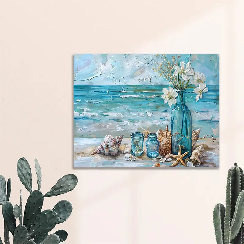 Waterproof Vibrant Coastal Scene with Starfish, Shells & White Flowers