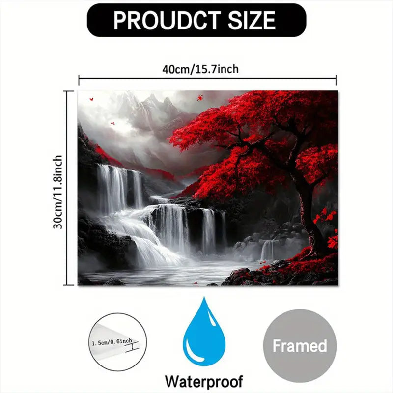 Red Trees and Waterfall, Black, White and Red Color Matching, Fantasy Style, 11.8x15.7inches