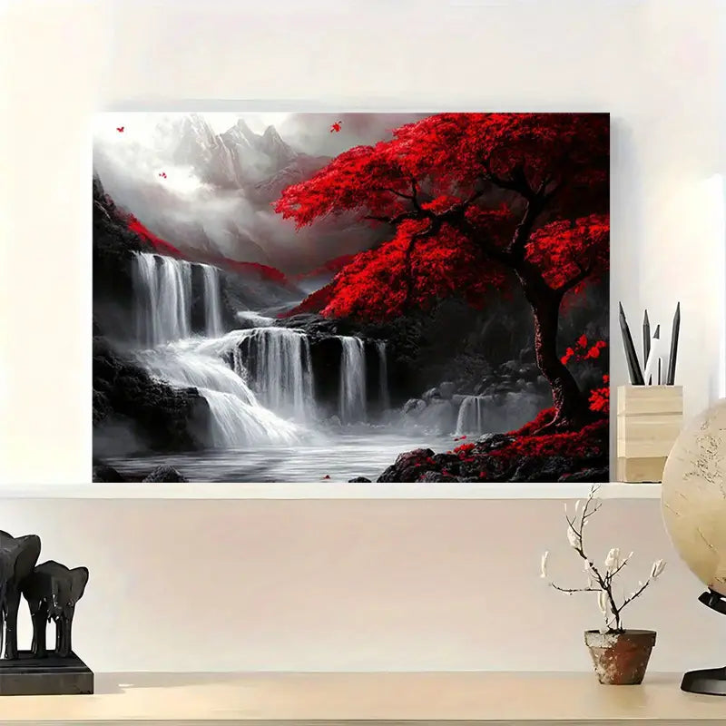 Red Trees and Waterfall, Black, White and Red Color Matching, Fantasy Style, 11.8x15.7inches