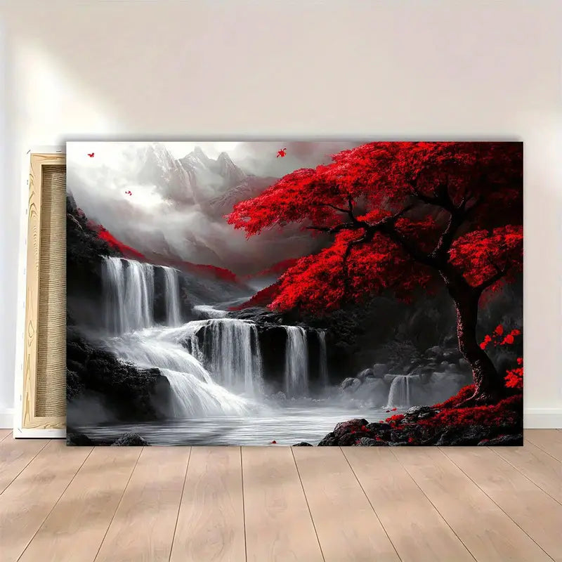 Red Trees and Waterfall, Black, White and Red Color Matching, Fantasy Style, 11.8x15.7inches