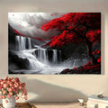Red Trees and Waterfall, Black, White and Red Color Matching, Fantasy Style, 11.8x15.7inches