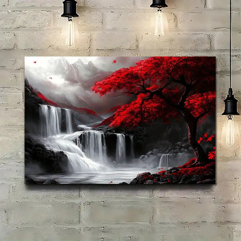 Red Trees and Waterfall, Black, White and Red Color Matching, Fantasy Style, 11.8x15.7inches