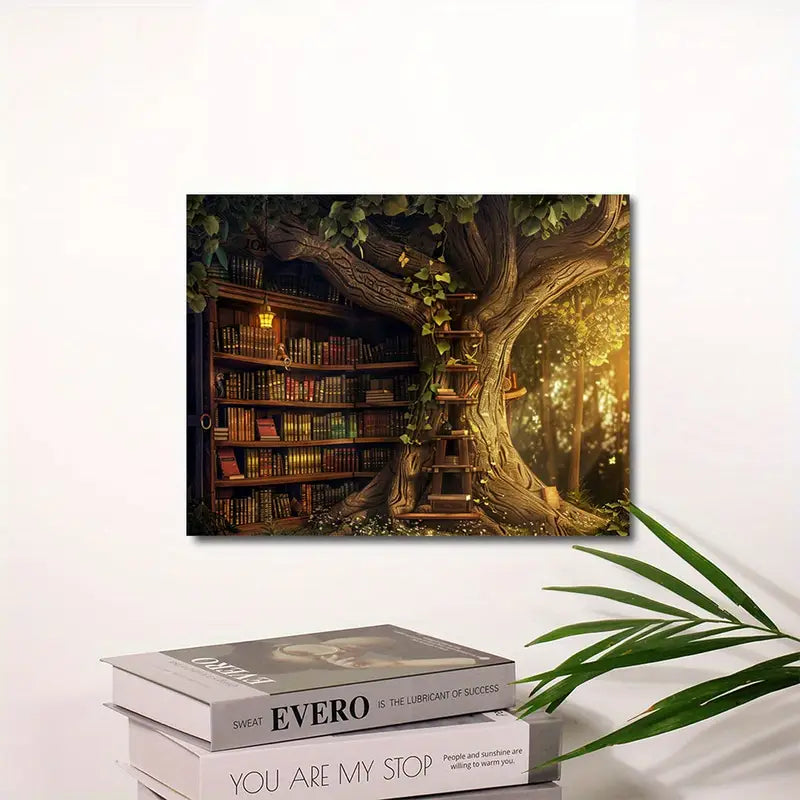 Enchanted Forest Library Canvas Art with Wooden Frame