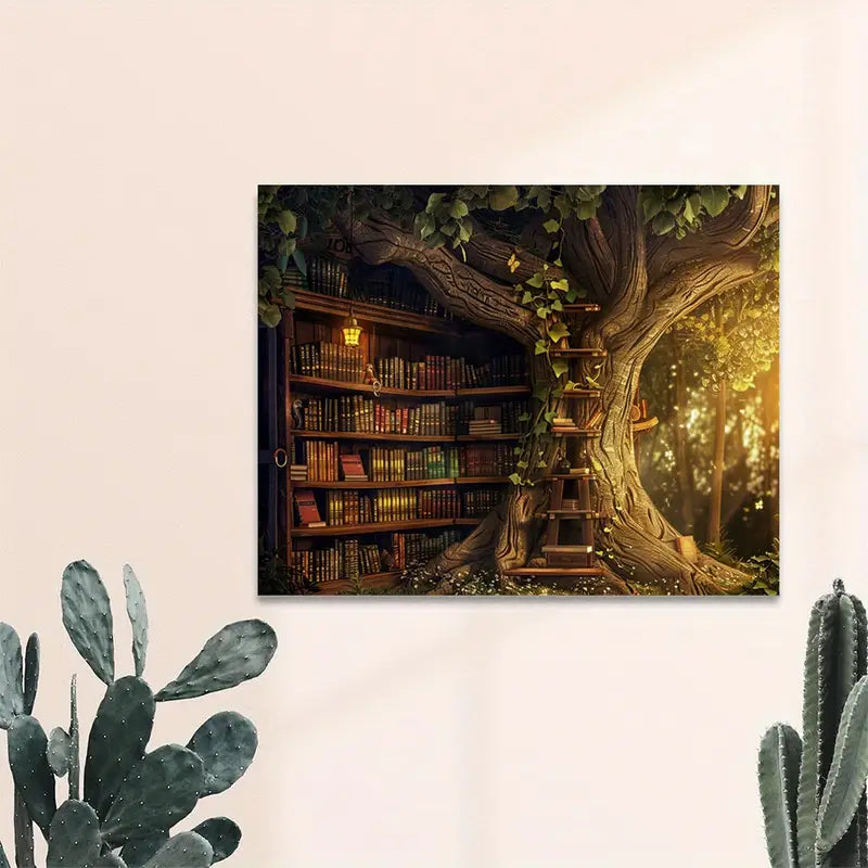 Enchanted Forest Library Canvas Art with Wooden Frame