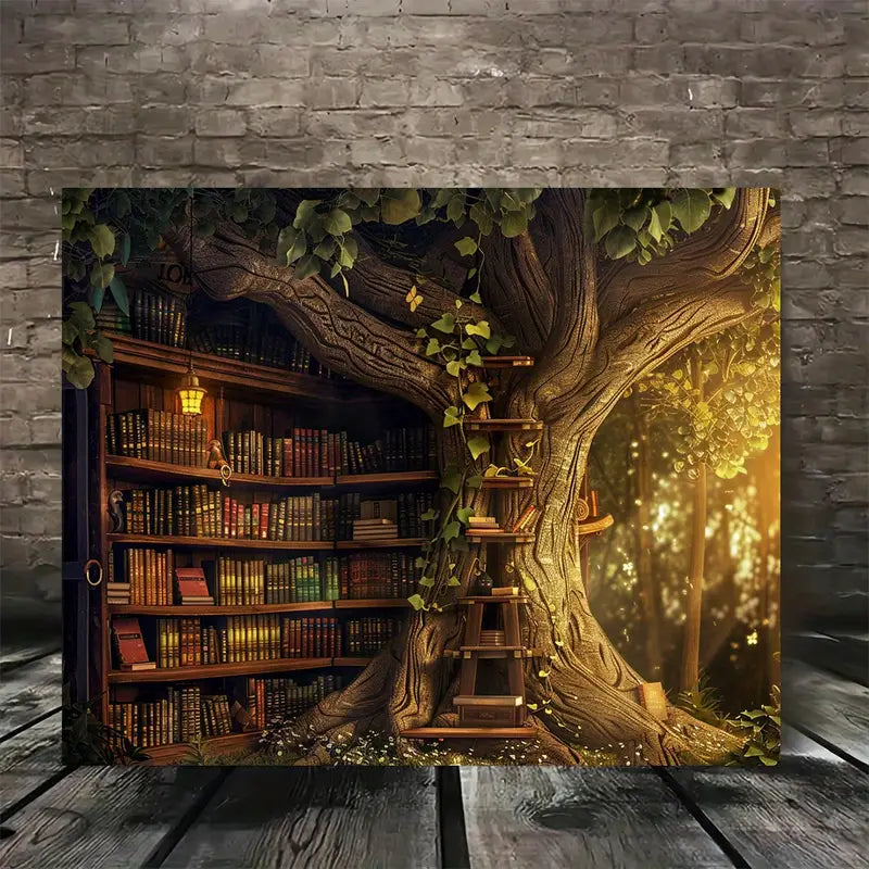 Enchanted Forest Library Canvas Art with Wooden Frame
