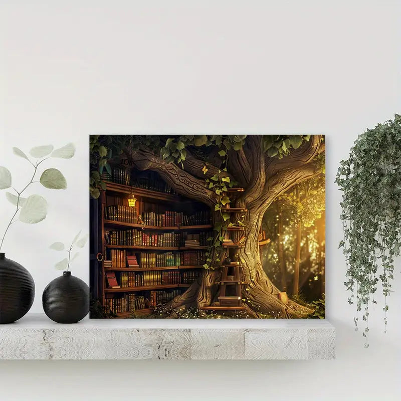 Enchanted Forest Library Canvas Art with Wooden Frame