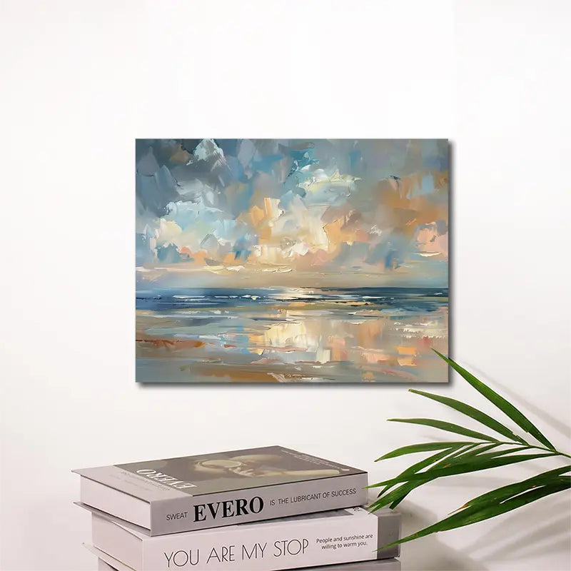 Abstract Seascape Canvas Wall Art, Sunset Oil Painting with Wooden Frame