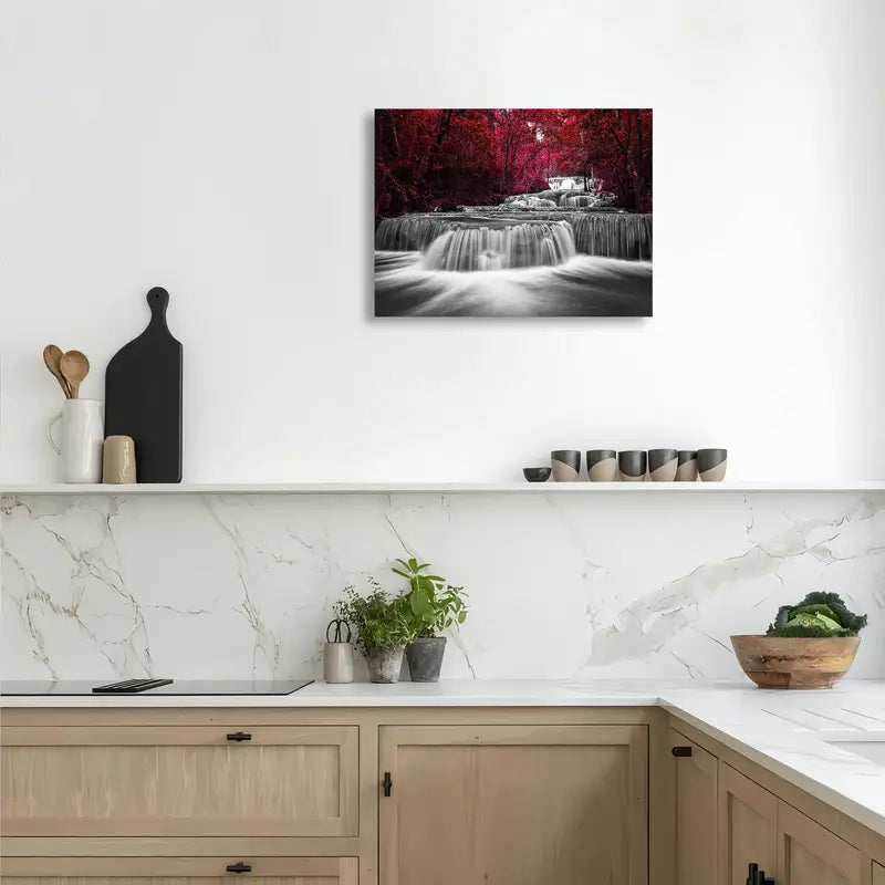 2D Flat Burgundy Waterfall with Red Leaves Canvas Art