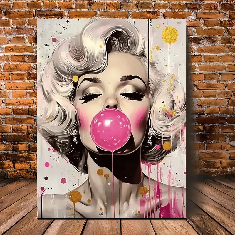 American Actress Bubble Gum Portrait, 11.8x15.7 inches Vibrant Pink &amp; Golden Splashes, Wooden Frame, Ideal for Living Room