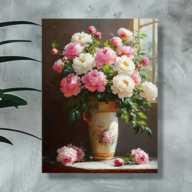 Charming Peony Vase Oil Painting Canvas - Wooden Frame