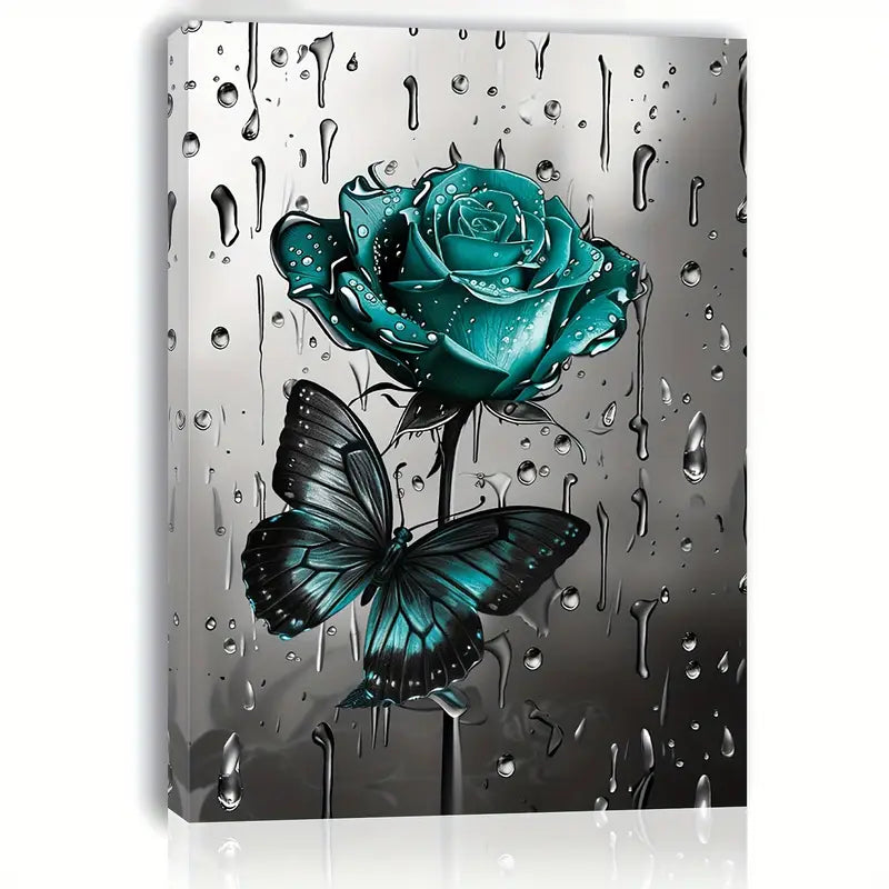A canvas print of green roses and butterflies