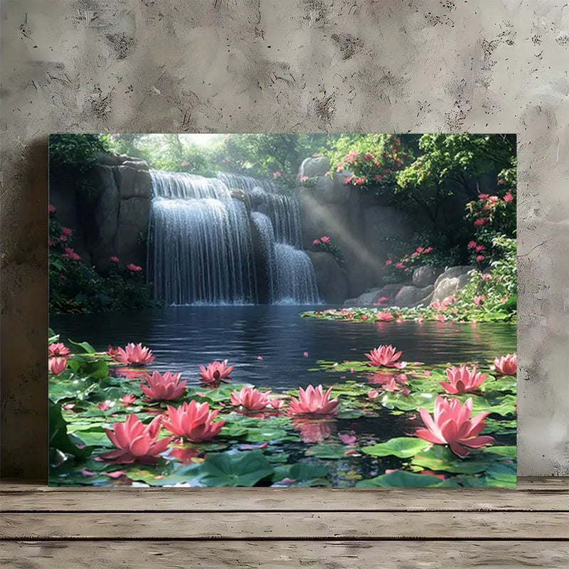 Tranquil Lily Pond Canvas Art with Waterfall and Pink for Lotus