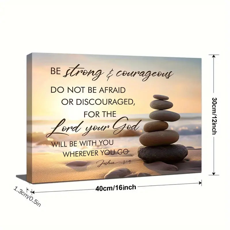Zen Stones Sunrise Beach Scene - Joshua 1:9 Bible Verse Canvas Print