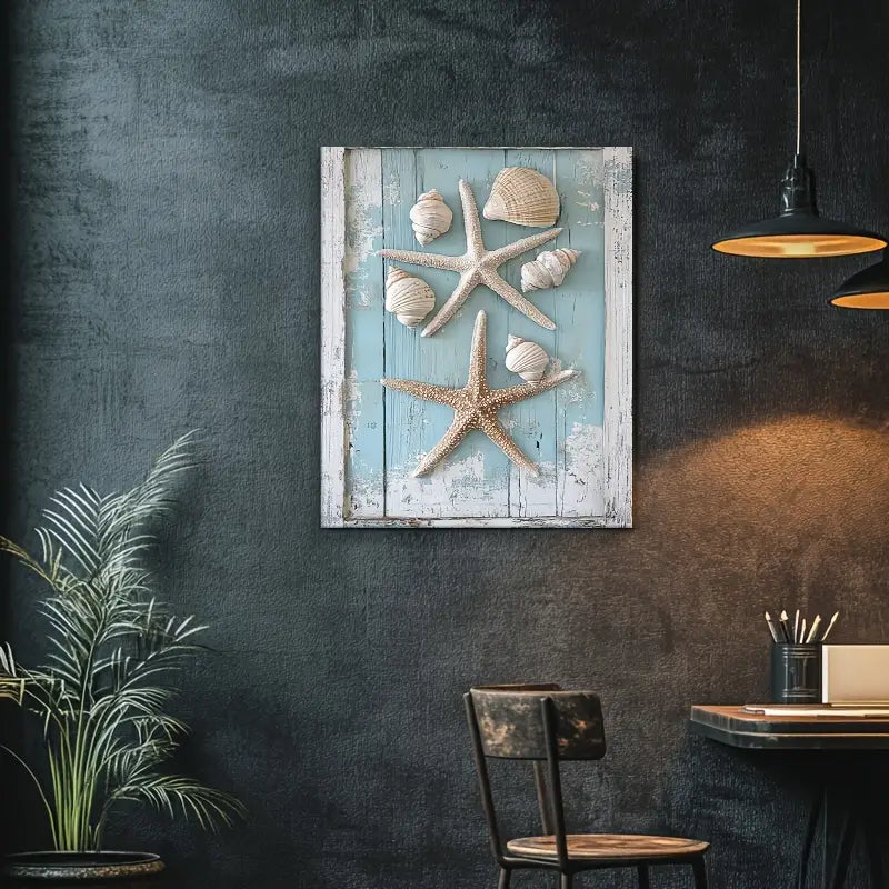 Themed Artwork Featuring Starfish And Shells Set Against a Light Blue,12*16 Inches