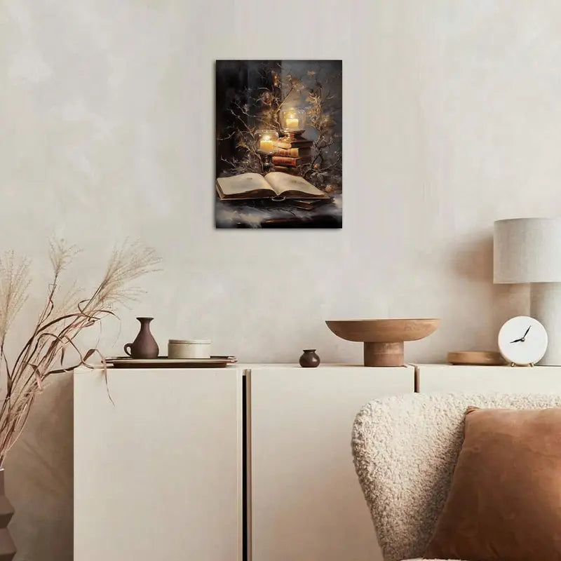 "Winter Book Christmas" Oil Painting with Candles, Books, and Snowy Branches, 11.8x15.7 Inches