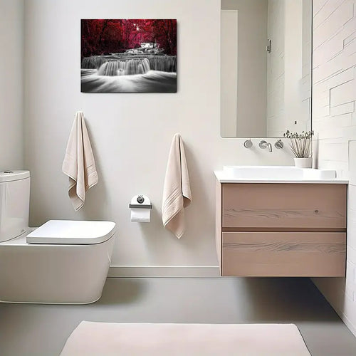 2D Flat Burgundy Waterfall with Red Leaves Canvas Art