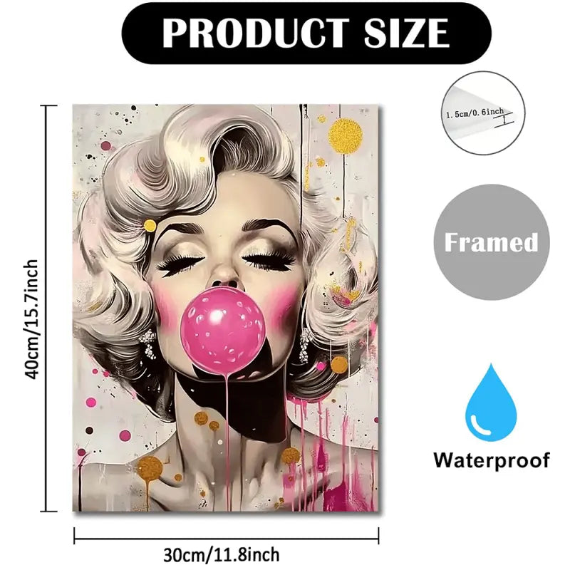 American Actress Bubble Gum Portrait, 11.8x15.7 inches Vibrant Pink &amp; Golden Splashes, Wooden Frame, Ideal for Living Room