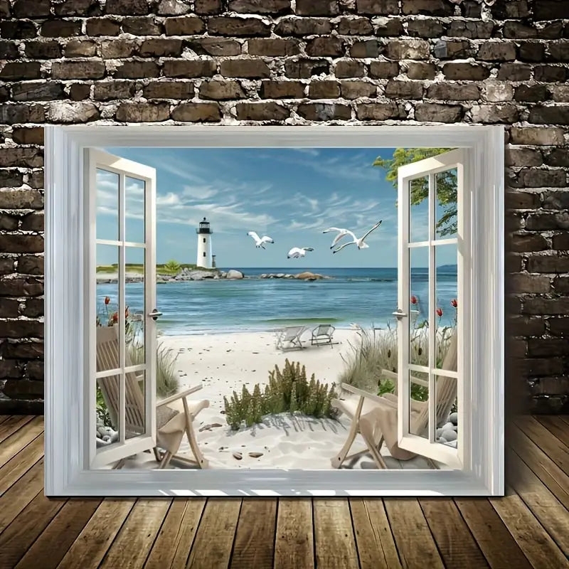 eagulls And Chairs - Framed Seaside Landscape Print