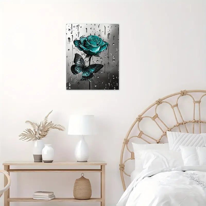 A canvas print of green roses and butterflies