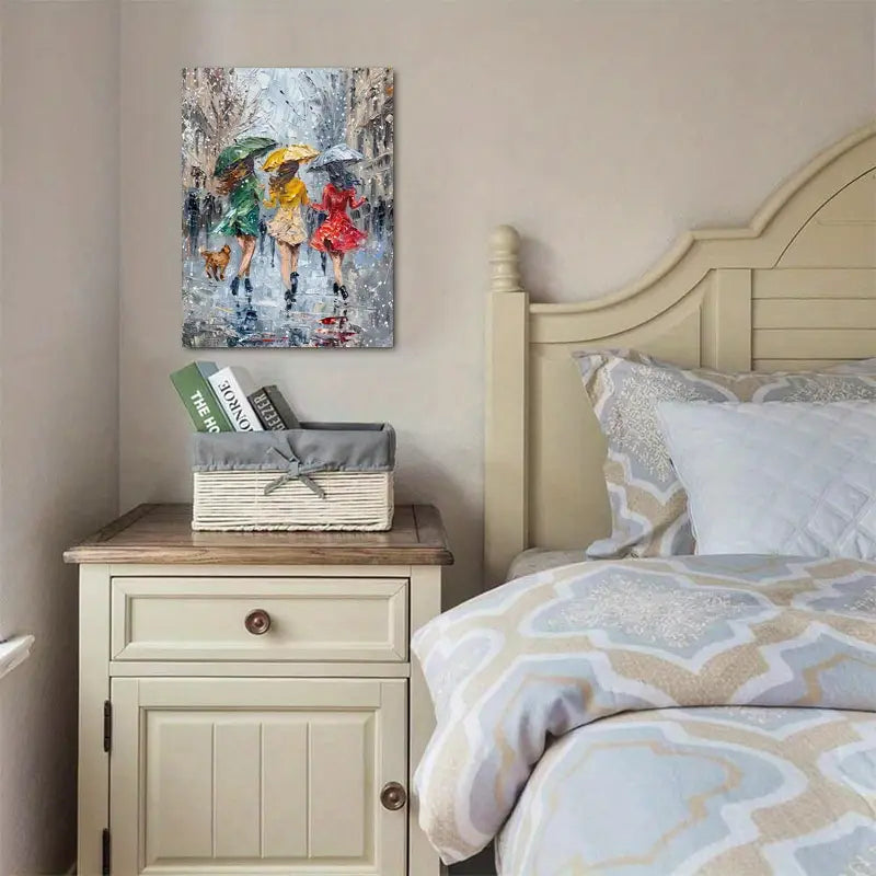 'Three Women Dancing in the Rain' - 11.8x15.7 Inches, Vibrant Oil Painting Style, Umbrella &amp; Dog Accents