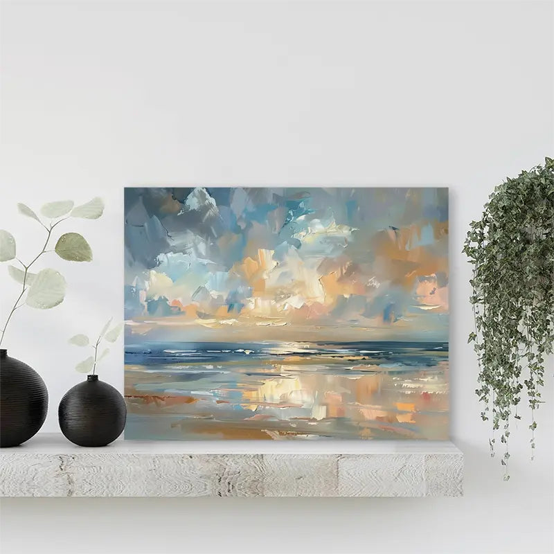 Abstract Seascape Canvas Wall Art, Sunset Oil Painting with Wooden Frame