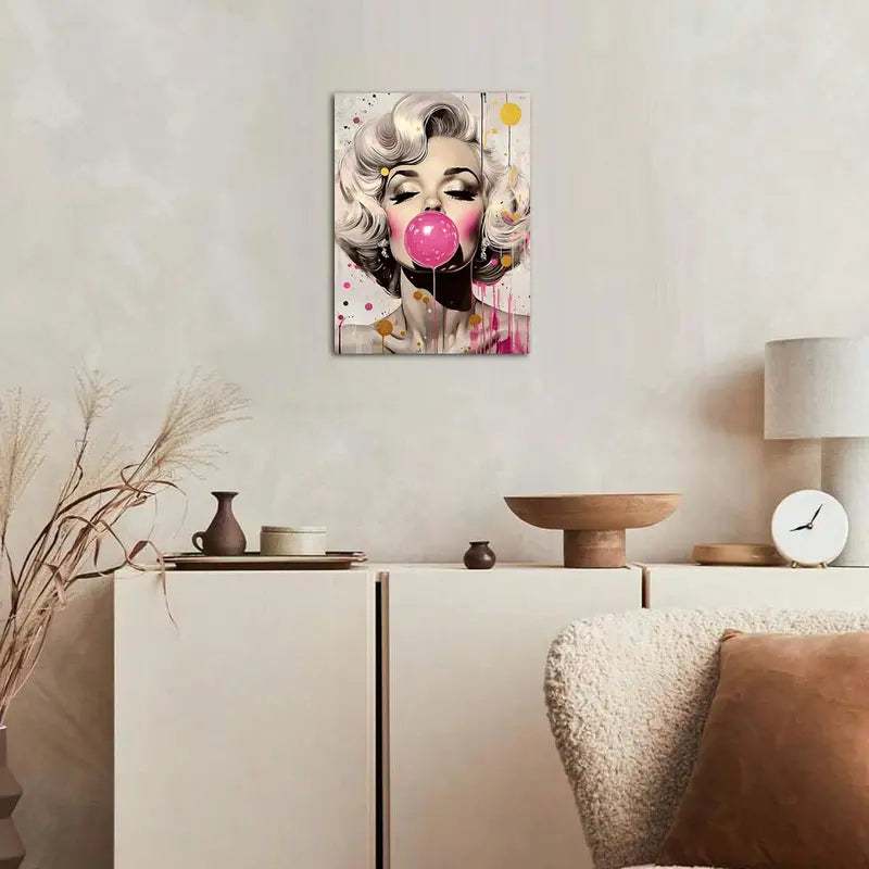American Actress Bubble Gum Portrait, 11.8x15.7 inches Vibrant Pink &amp; Golden Splashes, Wooden Frame, Ideal for Living Room