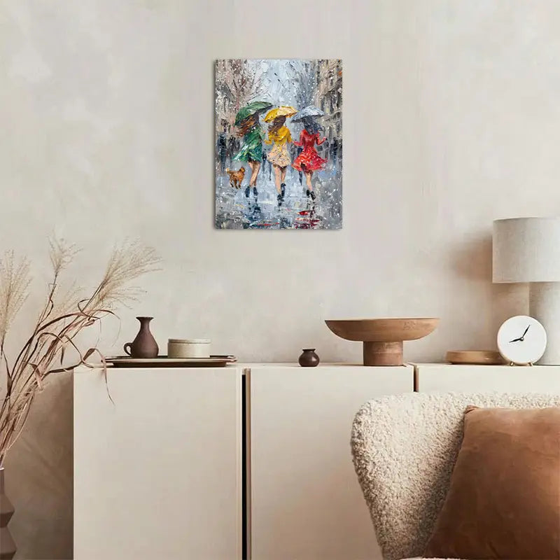 'Three Women Dancing in the Rain' - 11.8x15.7 Inches, Vibrant Oil Painting Style, Umbrella &amp; Dog Accents