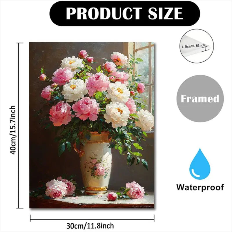Charming Peony Vase Oil Painting Canvas - Wooden Frame