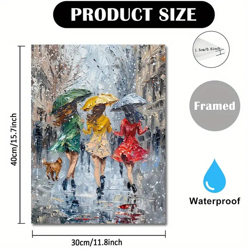 'Three Women Dancing in the Rain' - 11.8x15.7 Inches, Vibrant Oil Painting Style, Umbrella &amp; Dog Accents