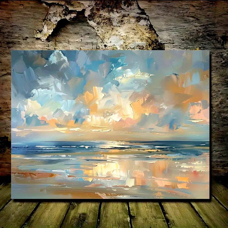 Abstract Seascape Canvas Wall Art, Sunset Oil Painting with Wooden Frame