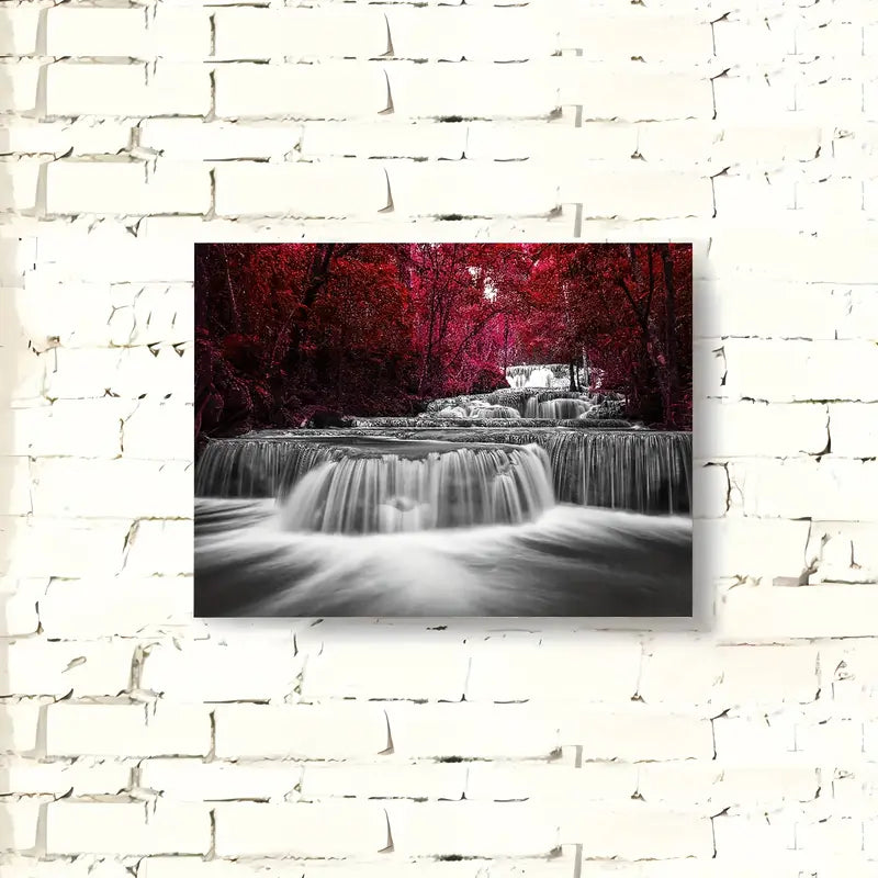2D Flat Burgundy Waterfall with Red Leaves Canvas Art