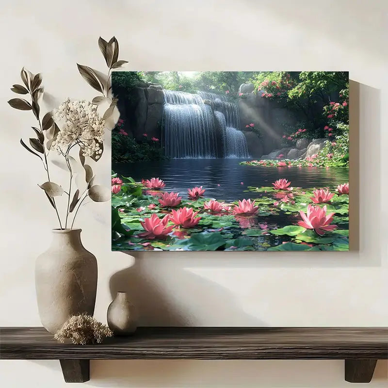 Tranquil Lily Pond Canvas Art with Waterfall and Pink for Lotus