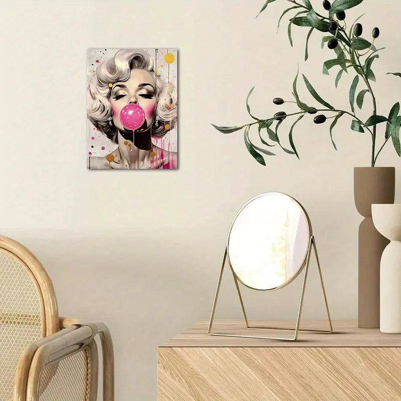 American Actress Bubble Gum Portrait, 11.8x15.7 inches Vibrant Pink &amp; Golden Splashes, Wooden Frame, Ideal for Living Room