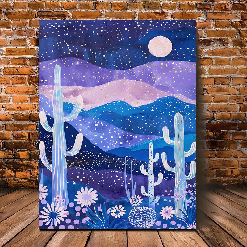Midnight Desert Cactus & Wildflowers Canvas