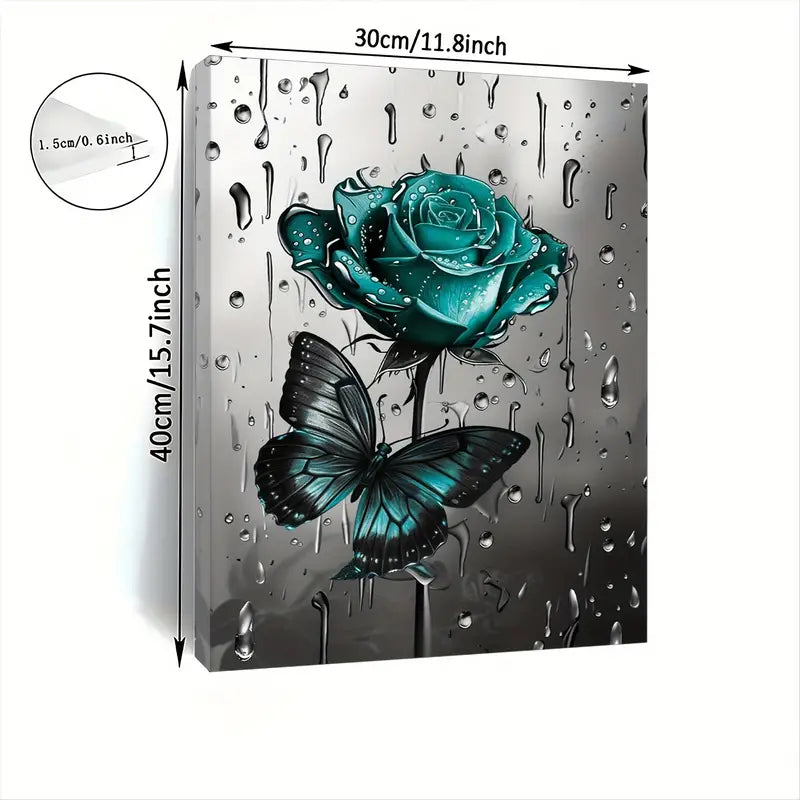 A canvas print of green roses and butterflies