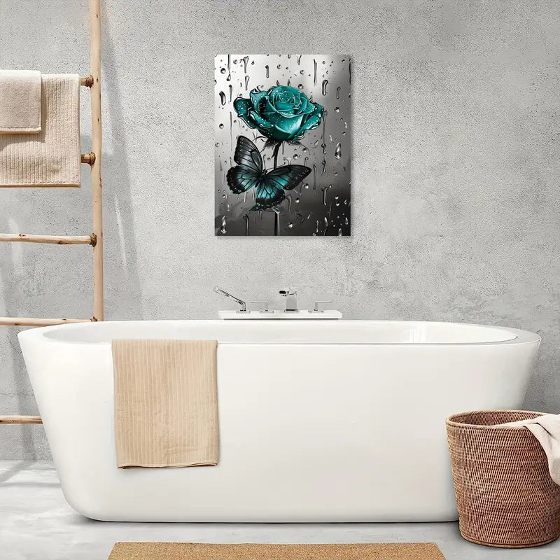 A canvas print of green roses and butterflies